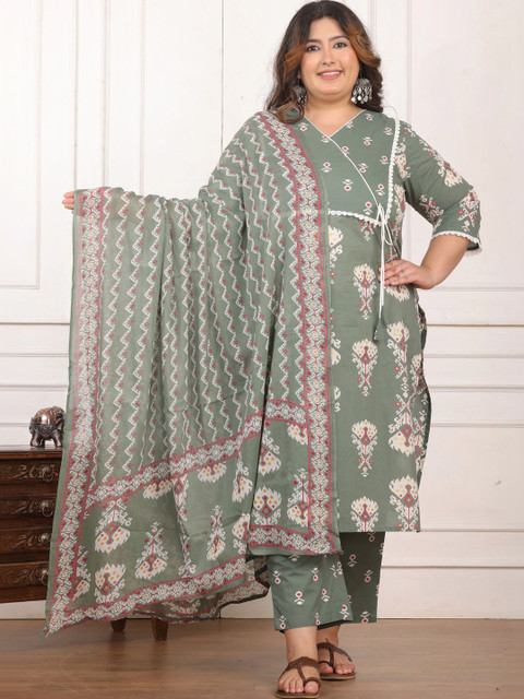 AKRITIK Women Ethnic Motifs Printed Angrakha Pure Cotton Kurta with Trousers & With Dupatta