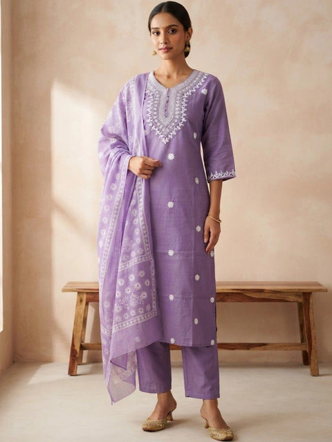 ERIKA Women Ethnic Motifs Embroidered Regular Chikankari Kurta with Trousers & With Dupatta