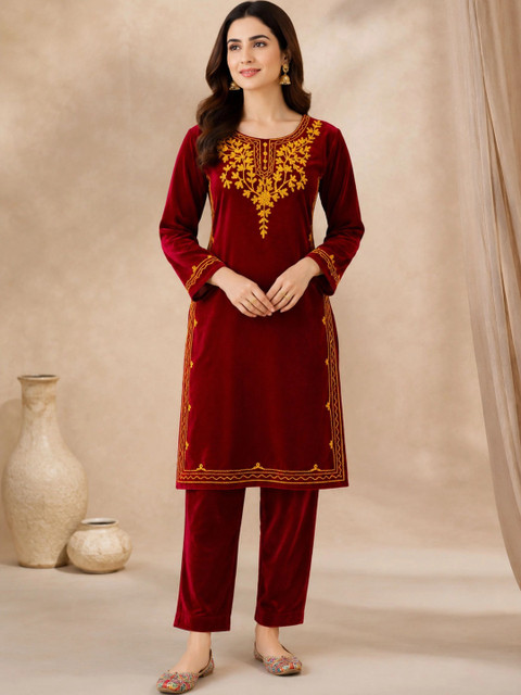 HAUTEMODA Women Ethnic Motifs Embroidered Regular Thread Work Velvet Kurta with Trousers