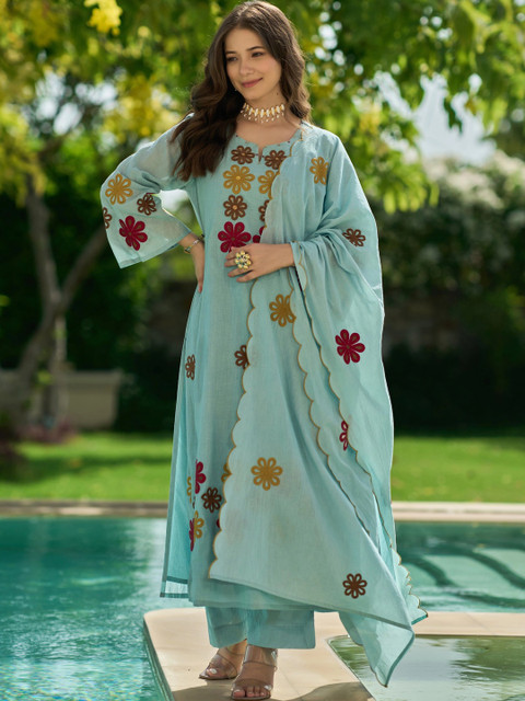 Ijya Women Floral Embroidered Regular Thread Work Chanderi Silk Kurta with Palazzos & With Dupatta - Image 6
