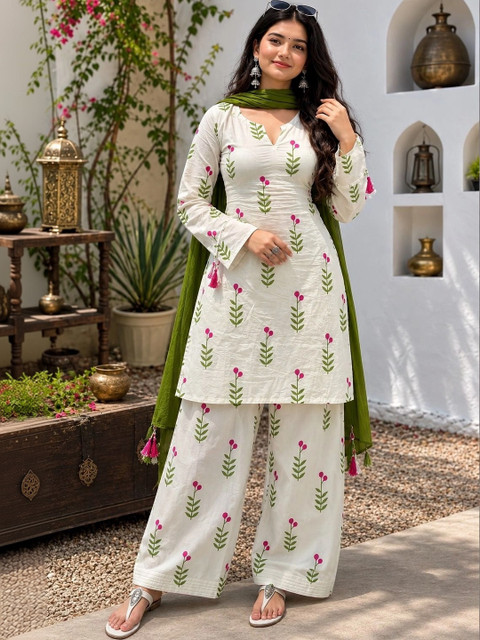 HERE&NOW Women Floral Printed Regular Pure Cotton Kurta with Palazzos & With Dupatta
