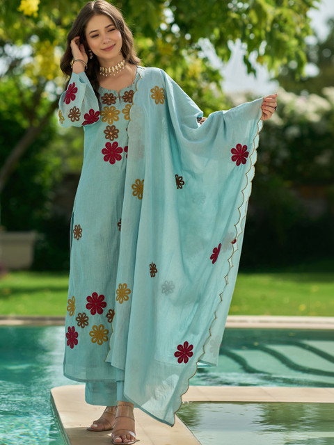 Ijya Women Floral Embroidered Regular Thread Work Chanderi Silk Kurta with Palazzos & With Dupatta - Image 5