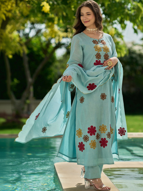 Ijya Women Floral Embroidered Regular Thread Work Chanderi Silk Kurta with Palazzos & With Dupatta - Image 3