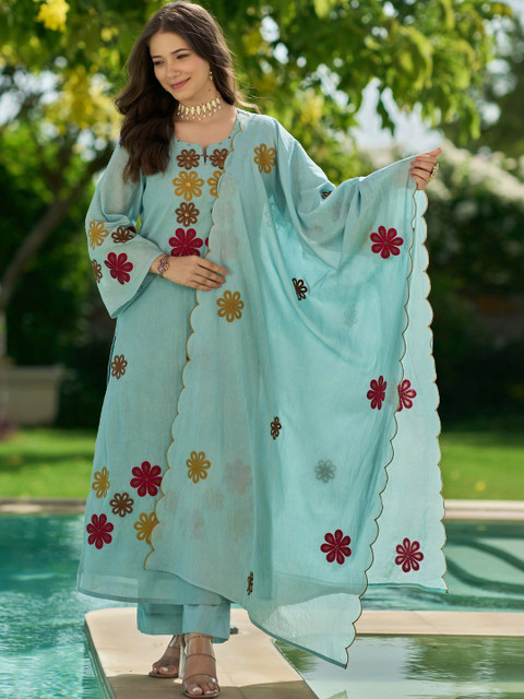 Ijya Women Floral Embroidered Regular Thread Work Chanderi Silk Kurta with Palazzos & With Dupatta