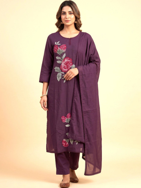 Kottons Women Floral Embroidered Regular Pure Cotton Kurta with Trousers & With Dupatta