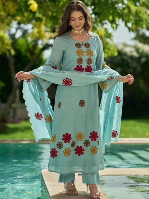 Ijya Women Floral Embroidered Regular Thread Work Chanderi Silk Kurta with Palazzos & With Dupatta - Image 4