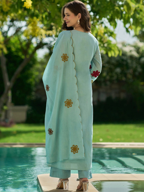 Ijya Women Floral Embroidered Regular Thread Work Chanderi Silk Kurta with Palazzos & With Dupatta - Image 2