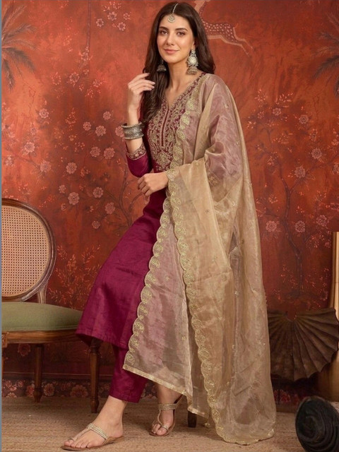 Sangria Women Ethnic Motifs Embroidered Regular Thread Work Kurta with Trousers & With Dupatta - Image 3