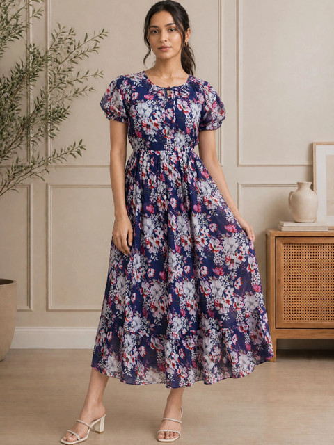 QENA Women Floral Print Puff Sleeve Georgette A-Line Maxi Dress