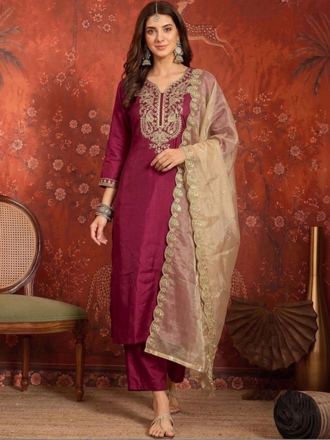 Sangria Women Ethnic Motifs Embroidered Regular Thread Work Kurta with Trousers & With Dupatta