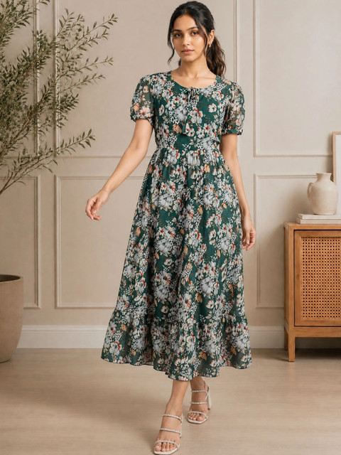 QENA Floral Print Puff Sleeve Georgette A-Line Maxi Dress