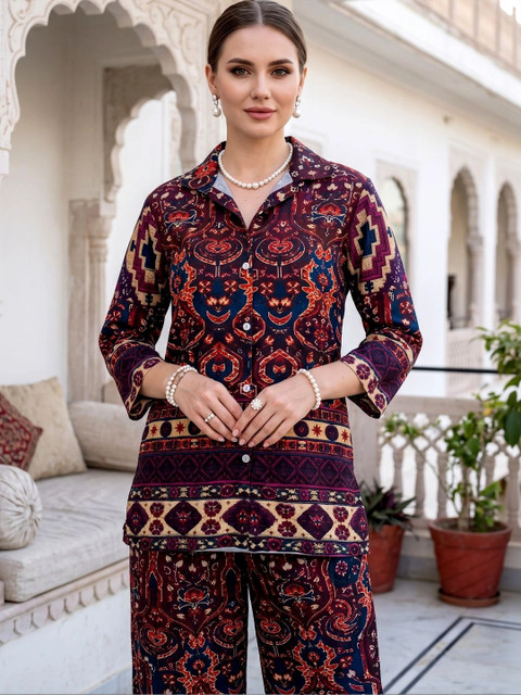 Maroon Printed Tunic Shirt with Palazzos - Image 5