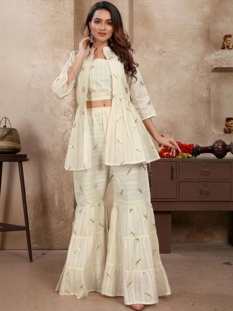 Embroidered Round Neck Top & Palazzo with Jacket