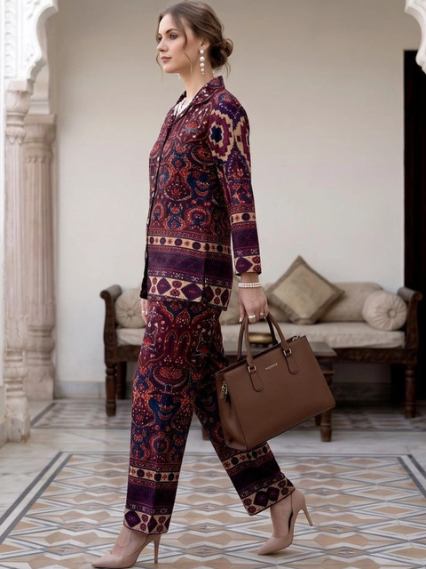 Maroon Printed Tunic Shirt with Palazzos - Image 3