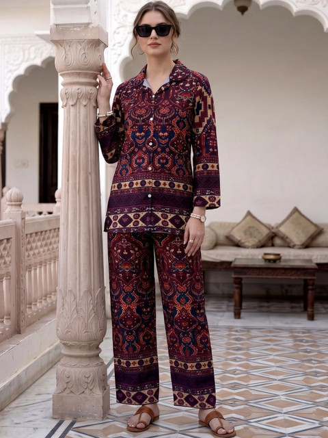 Maroon Printed Tunic Shirt with Palazzos