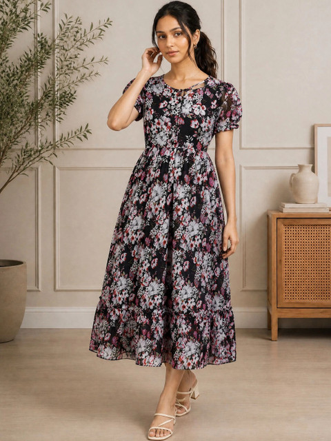 QENA Floral Print Puff Sleeve Georgette A-Line Midi Dress