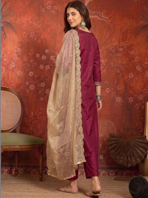 Sangria Women Ethnic Motifs Embroidered Regular Thread Work Kurta with Trousers & With Dupatta - Image 2