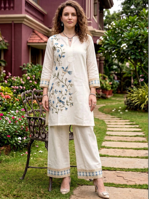 Off White Embroidered Tunic with Palazzos