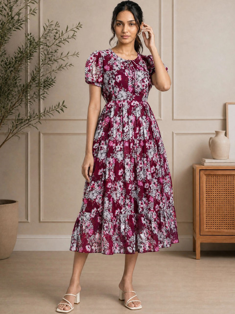 QENA Floral Print Puff Sleeve Georgette A-Line Midi Dress
