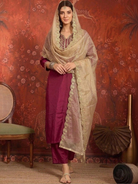 Sangria Women Ethnic Motifs Embroidered Regular Thread Work Kurta with Trousers & With Dupatta - Image 5