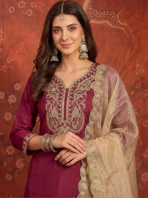 Sangria Women Ethnic Motifs Embroidered Regular Thread Work Kurta with Trousers & With Dupatta - Image 6