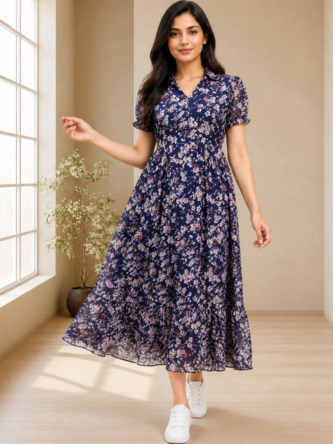 QENA Floral Print Georgette A-Line Midi Dress
