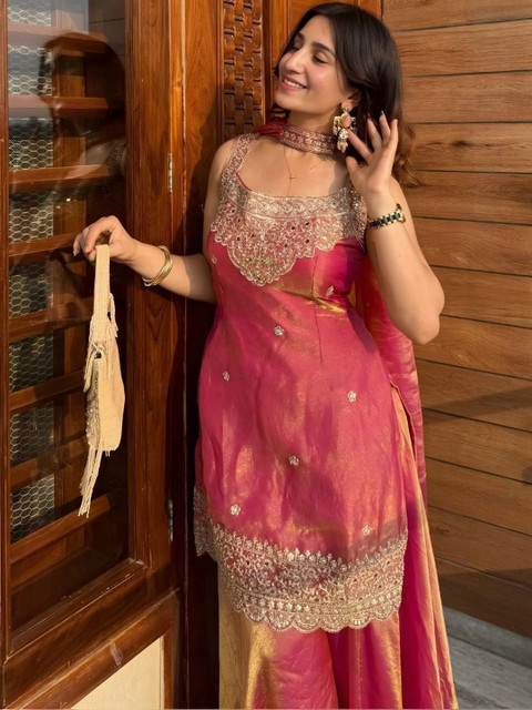 LooksLink Women Ethnic Motifs Embroidered Regular Kurta with Sharara & With Dupatta - Image 5
