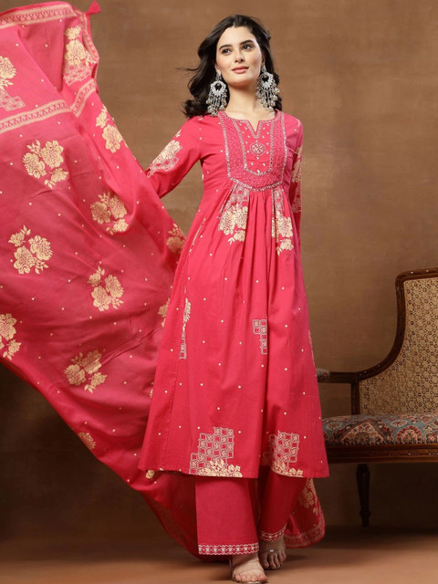 Sangria Printed Pure Cotton Round Neck Kurta & Palazzos With Dupatta