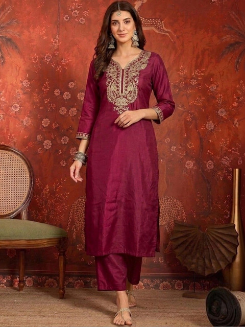 Sangria Women Ethnic Motifs Embroidered Regular Thread Work Kurta with Trousers & With Dupatta - Image 7