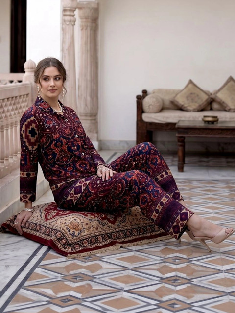 Maroon Printed Tunic Shirt with Palazzos - Image 4