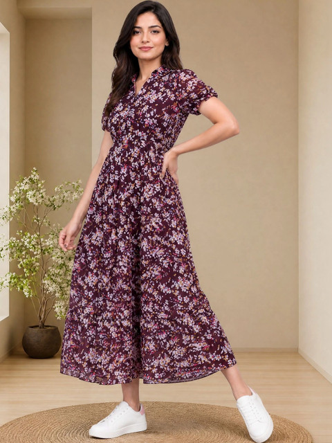 QENA Floral Print Puff Sleeve Georgette A-Line Midi Dress