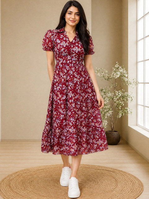 QENA Floral Print Puff Sleeve Ruffled Georgette A-Line Midi Dress