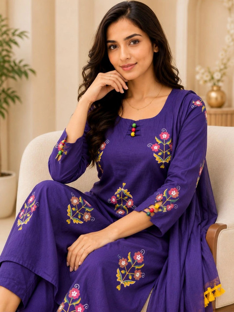 Siaraa Women Floral Embroidered Regular Thread Work Pure Cotton Kurta with Trousers & With Dupatta - Image 5