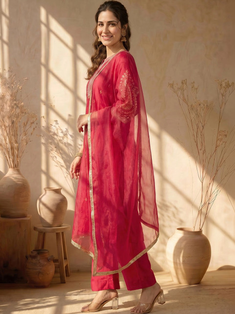 AVANSHEE Women Ethnic Motifs Embroidered Regular Thread Work Kurta with Trousers & With Dupatta - Image 6