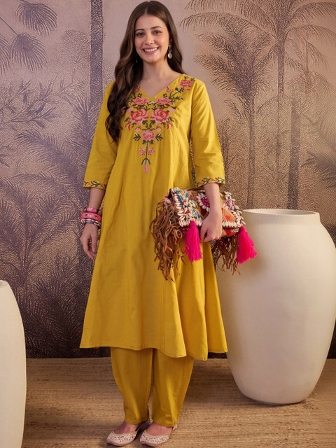 Shree Ramkrishna Fab Women Floral Embroidered Regular Thread Work Pure Cotton Kurta with Palazzos - Image 2