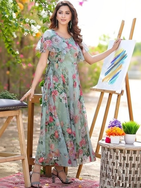 JS CREATIVE Floral Print Flutter Sleeve Ruffled Georgette A-Line Maxi Dress