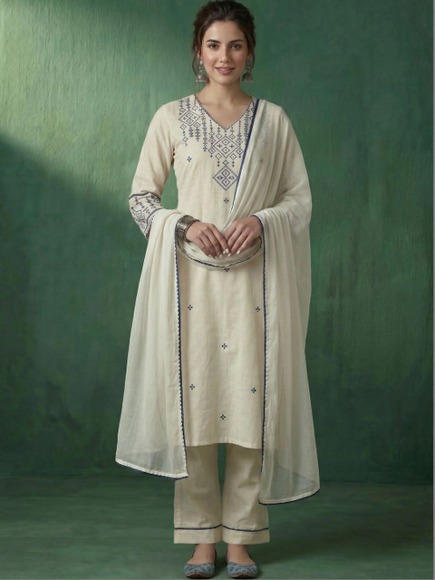 AVANSHEE Women Ethnic Motifs Embroidered Regular Thread Work Pure Cotton Kurta with Trousers & With Dupatta