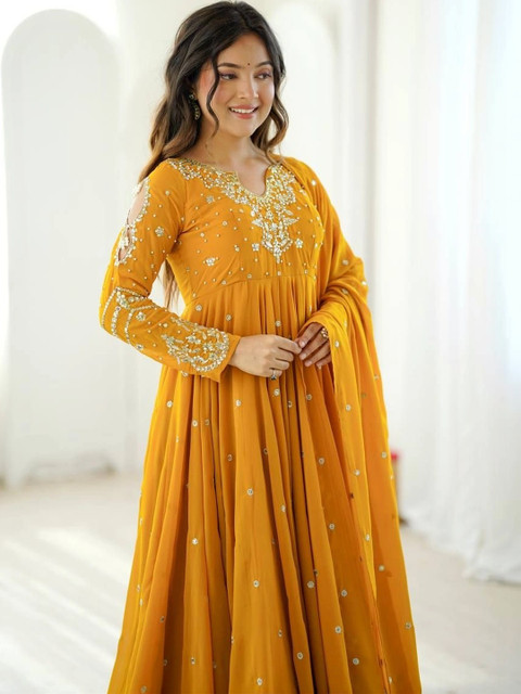 VastraBazaar Women Embroidered Empire Sequinned Silk Georgette Kurta with Trousers & With Dupatta - Image 6