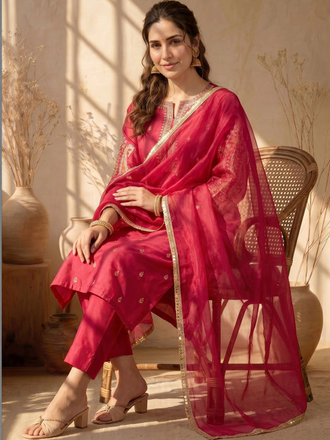 AVANSHEE Women Ethnic Motifs Embroidered Regular Thread Work Kurta with Trousers & With Dupatta