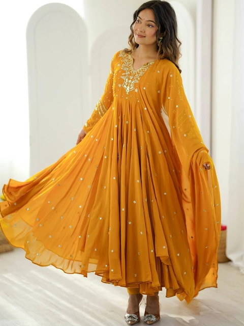 VastraBazaar Women Embroidered Empire Sequinned Silk Georgette Kurta with Trousers & With Dupatta - Image 5