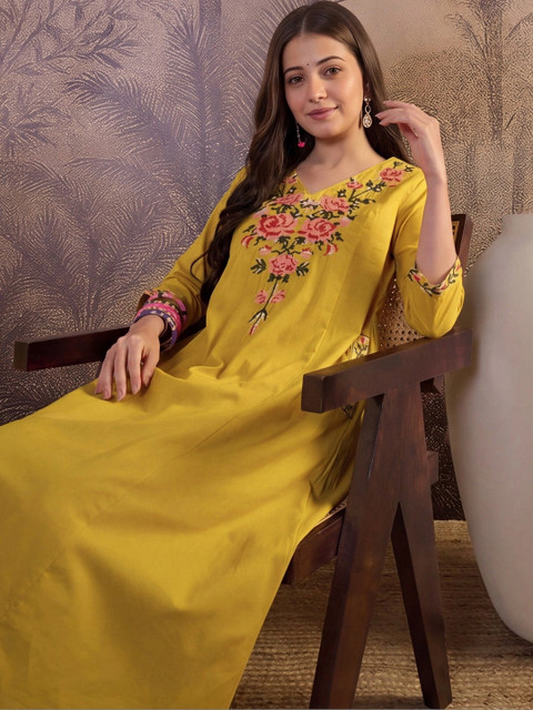 Shree Ramkrishna Fab Women Floral Embroidered Regular Thread Work Pure Cotton Kurta with Palazzos - Image 5