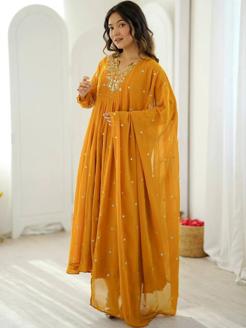 VastraBazaar Women Embroidered Empire Sequinned Silk Georgette Kurta with Trousers & With Dupatta - Image 3