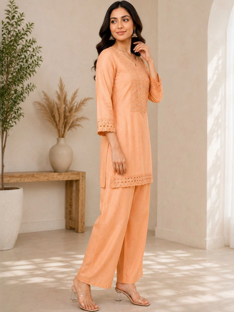 Peach Embellished Tunic with Trousers - Image 3
