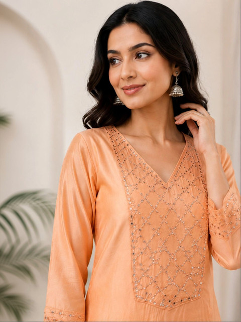 Peach Embellished Tunic with Trousers - Image 2