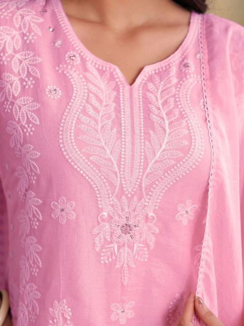 SKYLEE Women Ethnic Motifs Embroidered Regular Thread Work Pure Cotton Kurta with Palazzos & With Dupatta - Image 4