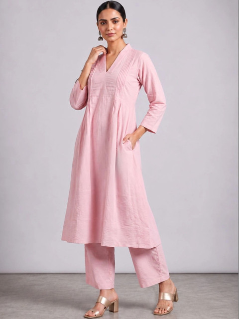 Moda Rapido Women Pleated Pure Silk Kurta with Trousers - Image 2