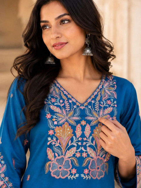HERE&NOW Women Ethnic Motifs Embroidered Regular Thread Work Silk Kurta Palazzos Dupatta - Image 6