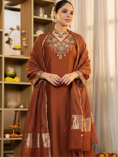 KALINI Women Ethnic Motifs Embroidered Regular Thread Work Kurta with Palazzos & With Dupatta