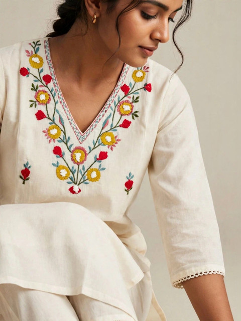 DEV DESIGNER Women Floral Embroidered Regular Pure Cotton Kurta with Trousers - Image 4