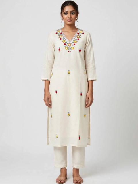 DEV DESIGNER Women Floral Embroidered Regular Pure Cotton Kurta with Trousers